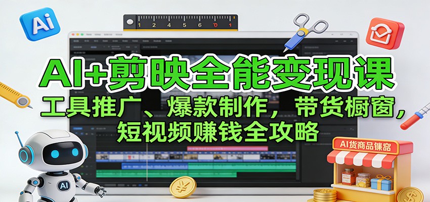 AI+剪映全能变现课：工具推广、爆款制作、带货橱窗，短视频赚钱全攻略-小目标云网创