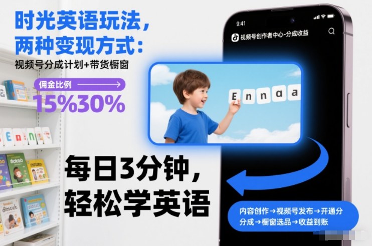 时光英语玩法，两种变现方式：视频号分成计划+带货橱窗-小目标云网创